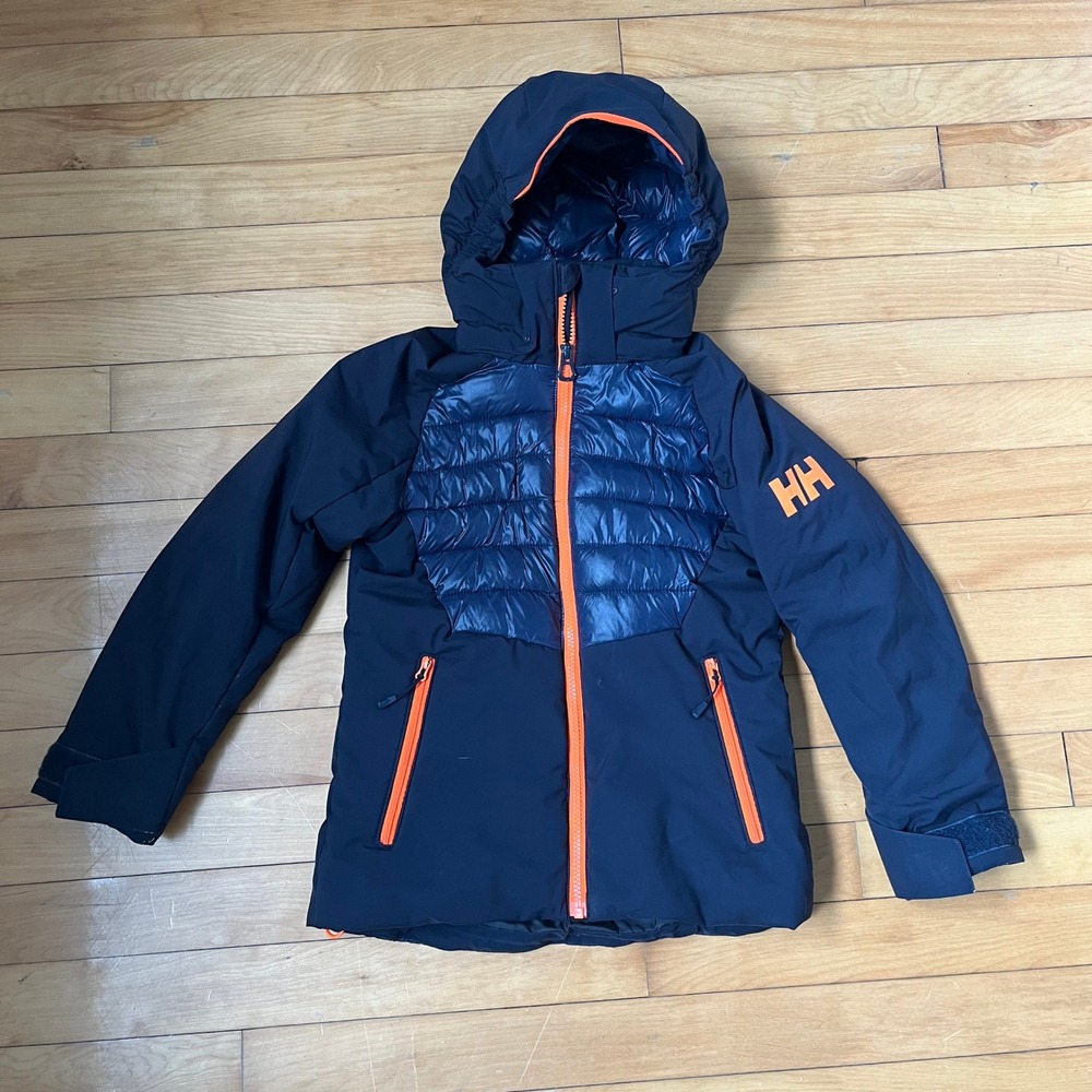 Helly Hansen Navy Blue Orange Hooded Puffer Jacket Kids Size 10 Technical Coat